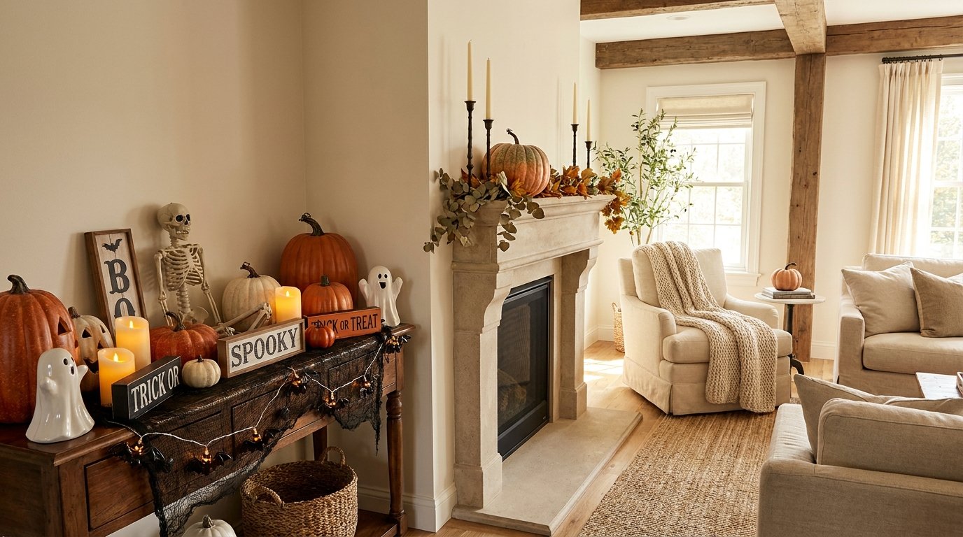 Spacious living room demonstrating balanced Halloween decorating with focused styling on the fireplace mantel and console table without clutter