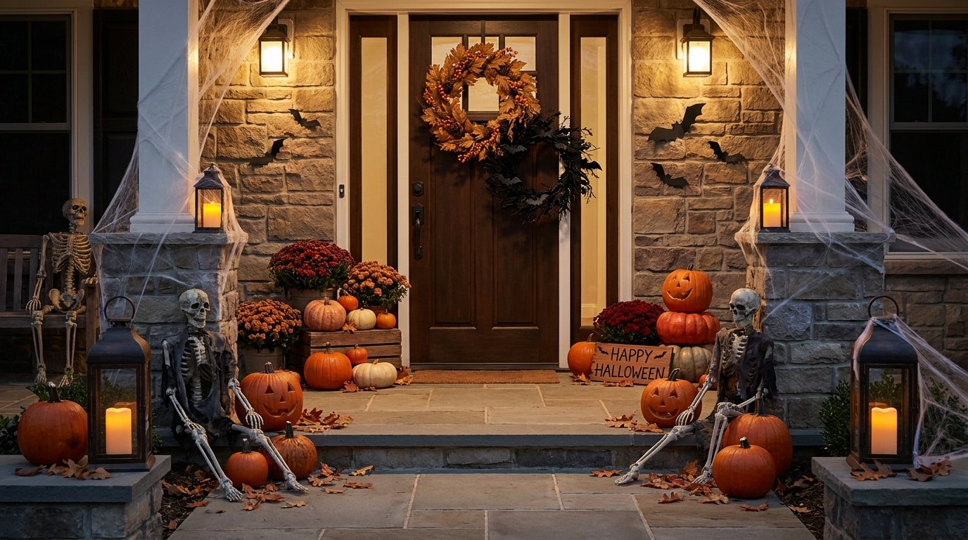 Stone front porch layered for Halloween with potted mums, carved and heirloom pumpkins, lanterns, cobwebs, and skeletons seated on stone pillars