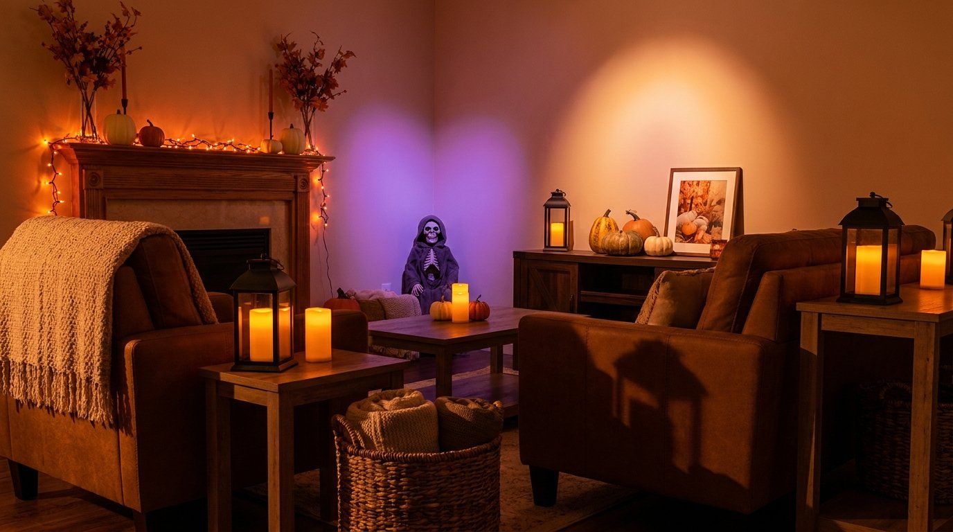 Living room bathed in moody evening Halloween lighting from warm candle lanterns, mantel fairy lights, and subtle purple uplighting