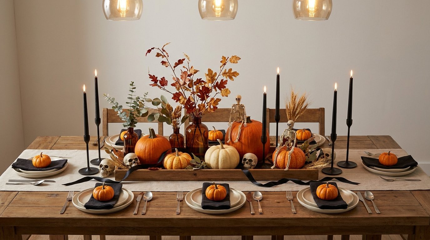 Rustic dining table centerpiece featuring a wooden trough tray filled with autumn pumpkins, dried branches, black taper candles, and small skeletons