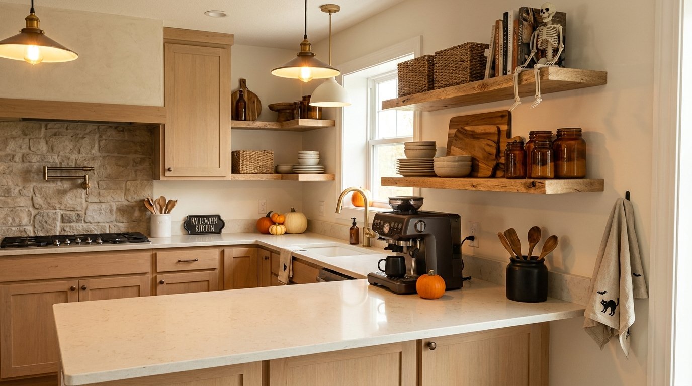 Modern farmhouse kitchen with natural wood shelves featuring amber glass jars, mini pumpkins, and a poseable skeleton sitting among cookbooks