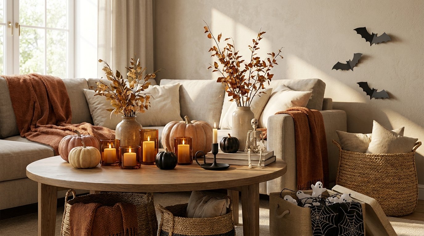 Living room coffee table showcasing layered seasonal elements with soft cream pumpkins, amber candle glow, dried branches, and a seated skeleton