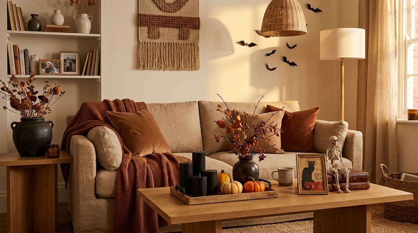 Cozy autumn living room styled with a burnt orange velvet pillow, rustic throw, matte black candles, mini pumpkins, and a small skeleton
