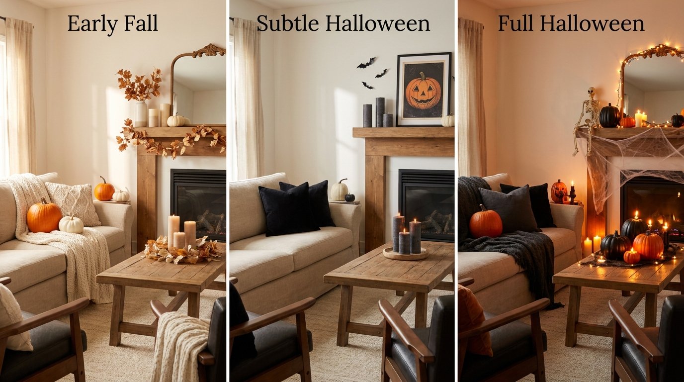 Three-panel progression showing the step-by-step transition of a living room fireplace from Early Fall to Subtle Halloween to Full Halloween