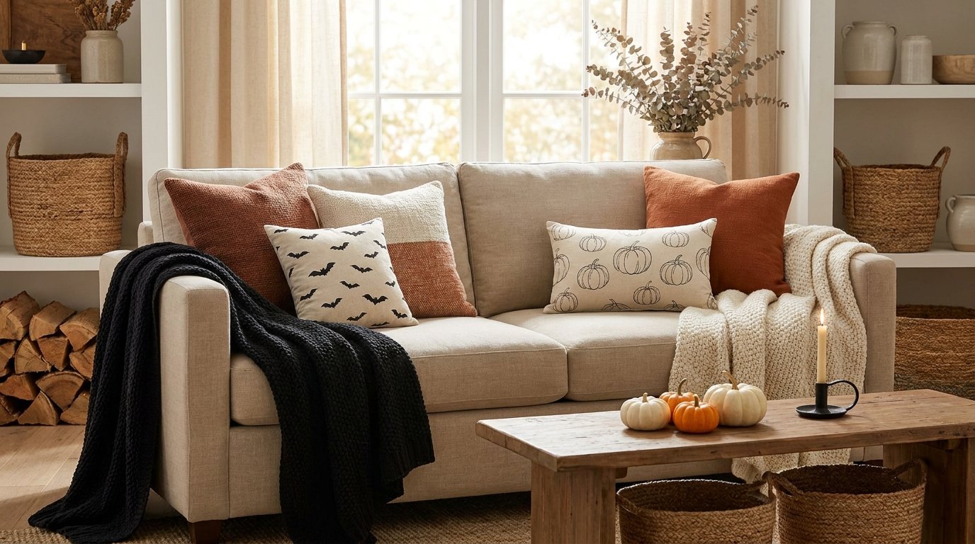 Neutral sofa updated for Halloween with a bat-patterned throw pillow, a stitched pumpkin pillow, and a chunky black knit blanket