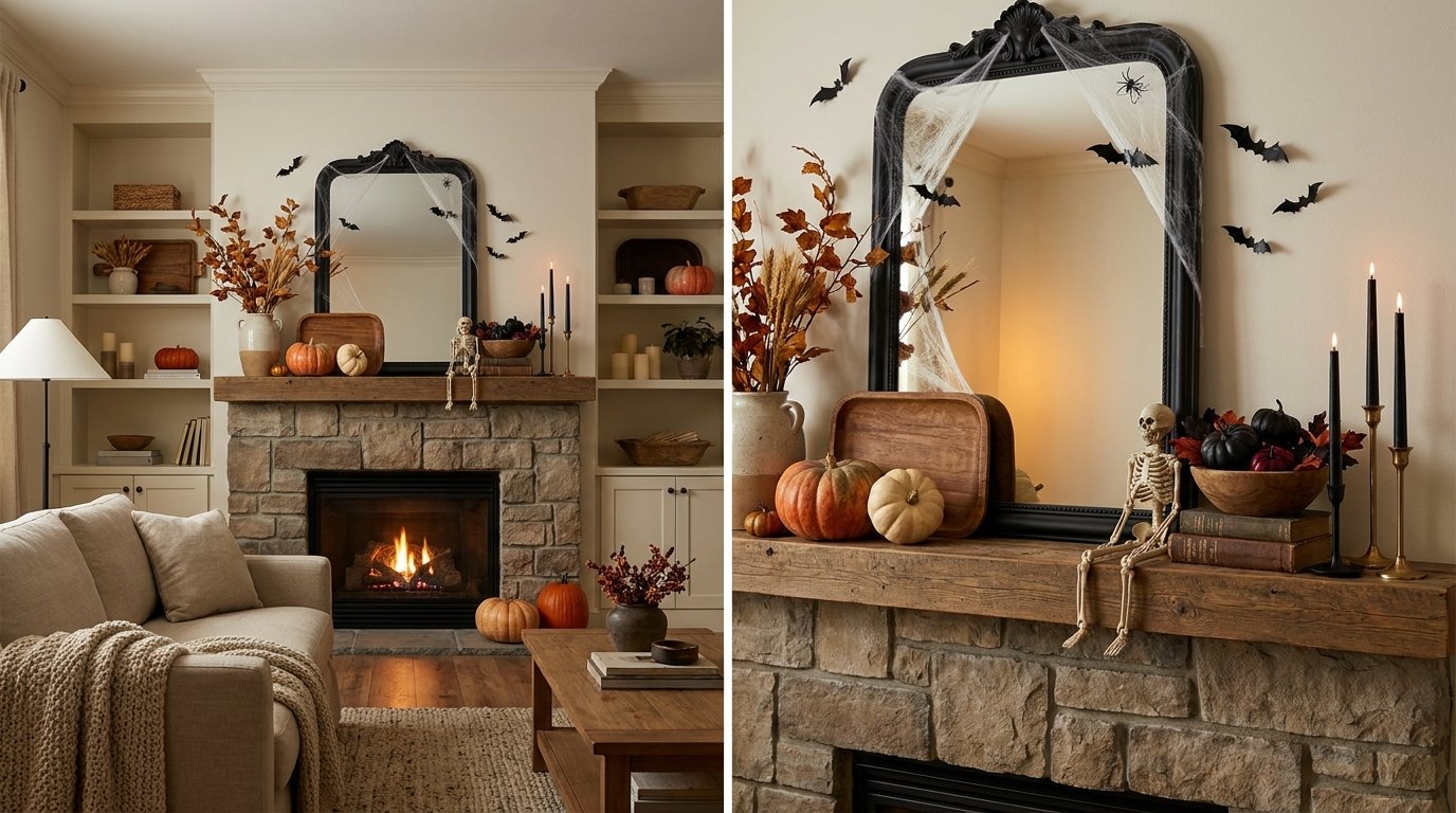 Stone fireplace mantel transformed with an arched black mirror, stretch cobwebs, flying wall bats, a sitting skeleton, and black taper candles