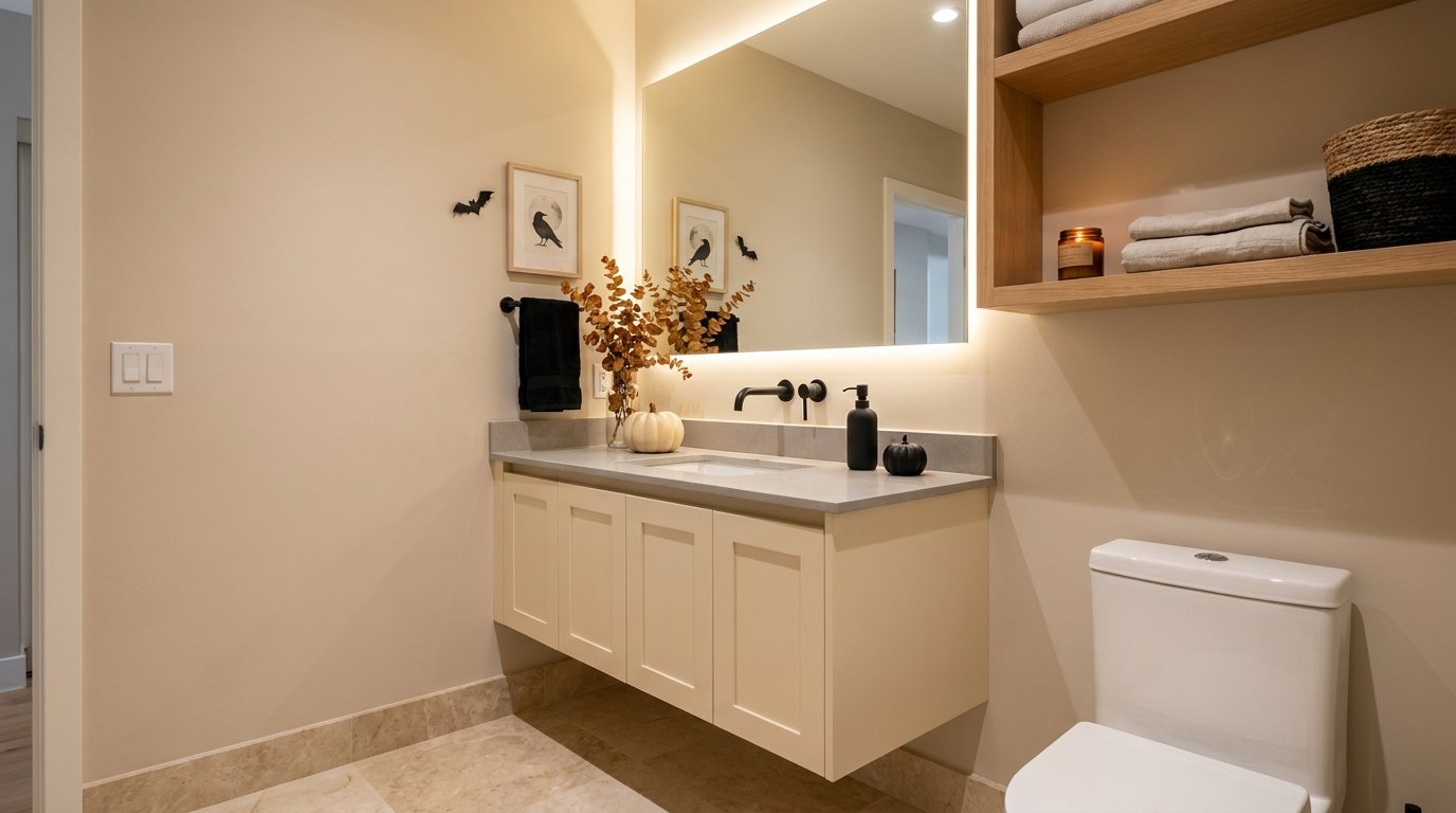 Minimalist bathroom vanity subtly accented for Halloween with small flying wall bats, a framed crow print, black towel, and mini pumpkin