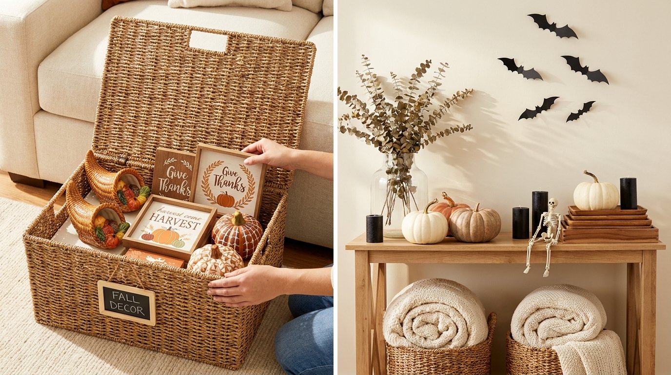 Living room scene showing someone packing away cornucopias and Thanksgiving signs into a fall decor basket while displaying Halloween accents