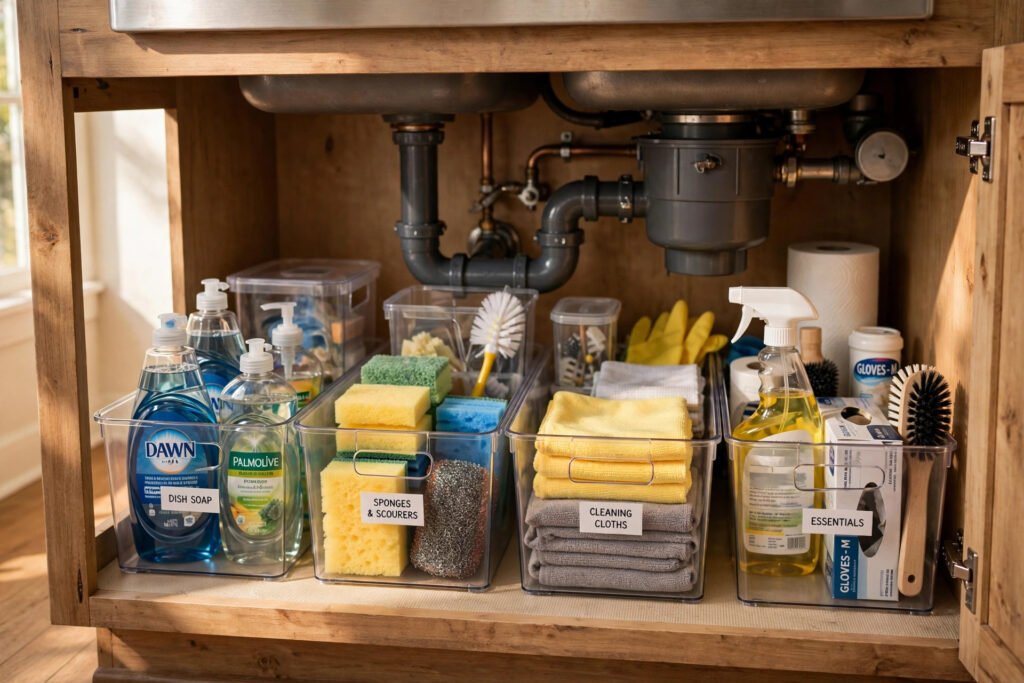 Clear labeled storage bins arranged in zones under a kitchen sink holding dish soap, sponges, and cleaning essentials.